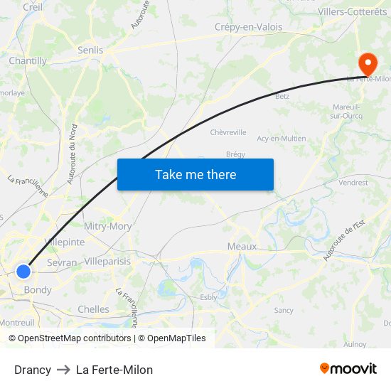 Drancy to La Ferte-Milon map