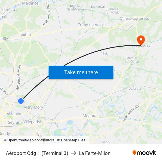 Aéroport Cdg 1 (Terminal 3) to La Ferte-Milon map