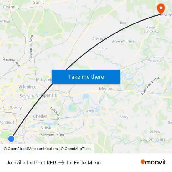 Joinville-Le-Pont RER to La Ferte-Milon map