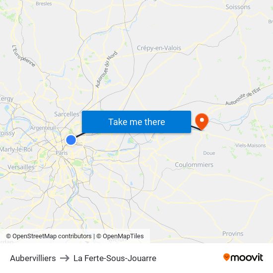 Aubervilliers to La Ferte-Sous-Jouarre map