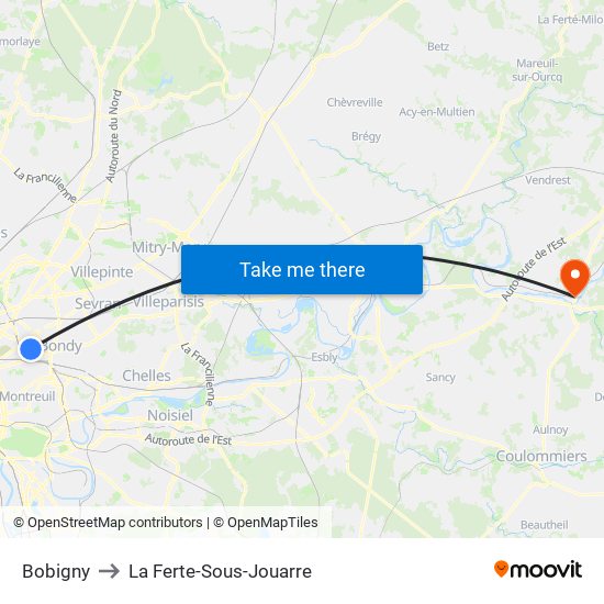 Bobigny to La Ferte-Sous-Jouarre map