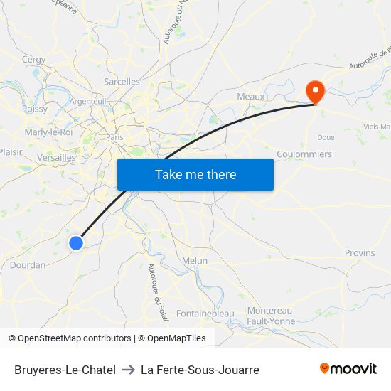 Bruyeres-Le-Chatel to La Ferte-Sous-Jouarre map