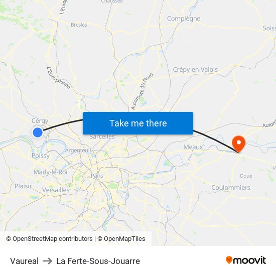 Vaureal to La Ferte-Sous-Jouarre map