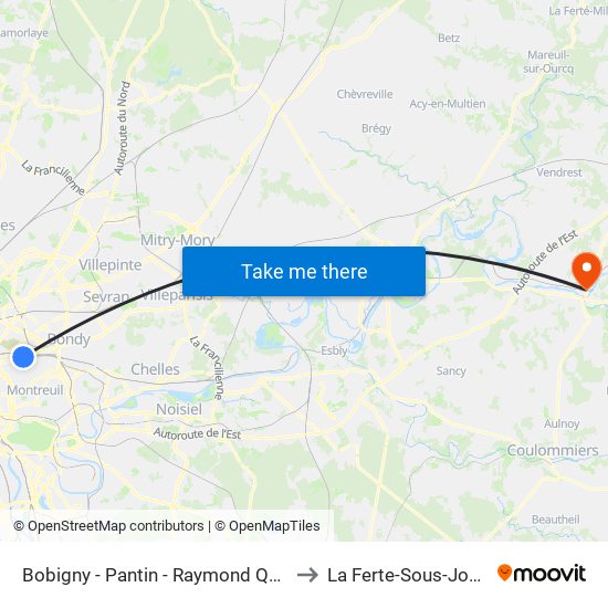 Bobigny - Pantin - Raymond Queneau to La Ferte-Sous-Jouarre map