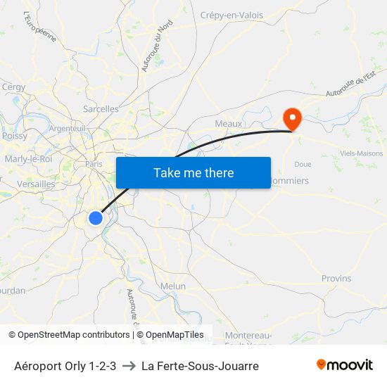 Aéroport Orly 1-2-3 to La Ferte-Sous-Jouarre map