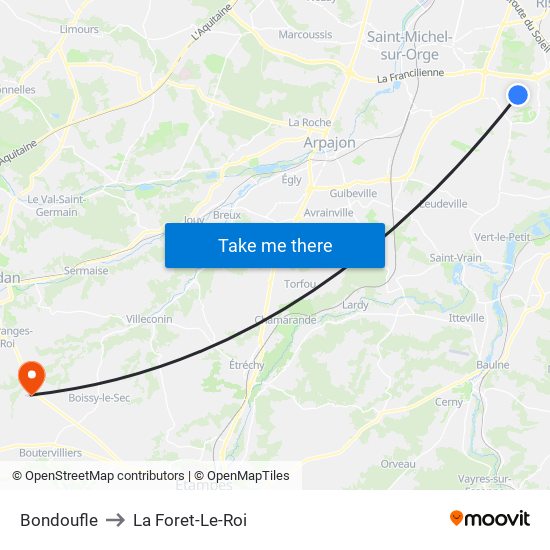Bondoufle to La Foret-Le-Roi map