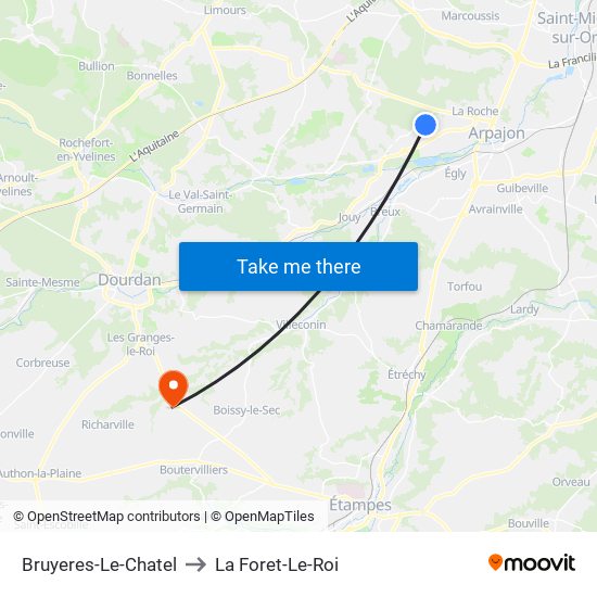 Bruyeres-Le-Chatel to La Foret-Le-Roi map