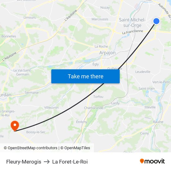 Fleury-Merogis to La Foret-Le-Roi map