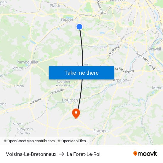 Voisins-Le-Bretonneux to La Foret-Le-Roi map