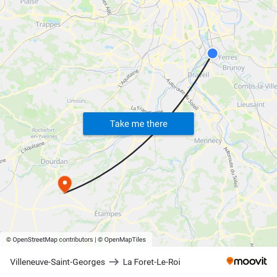 Villeneuve-Saint-Georges to La Foret-Le-Roi map