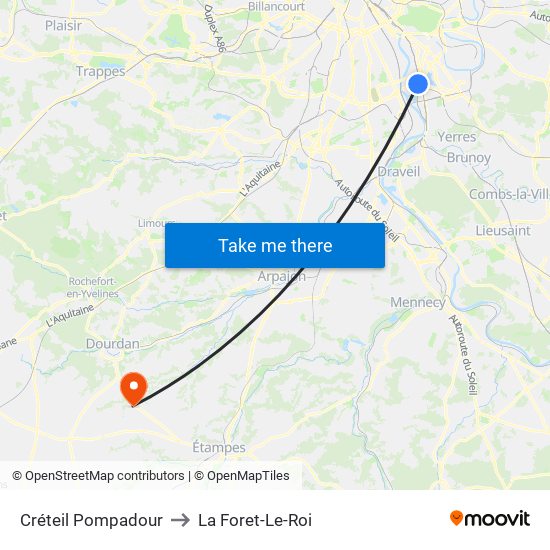Créteil Pompadour to La Foret-Le-Roi map