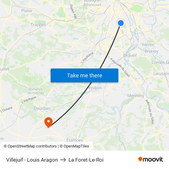 Villejuif - Louis Aragon to La Foret-Le-Roi map