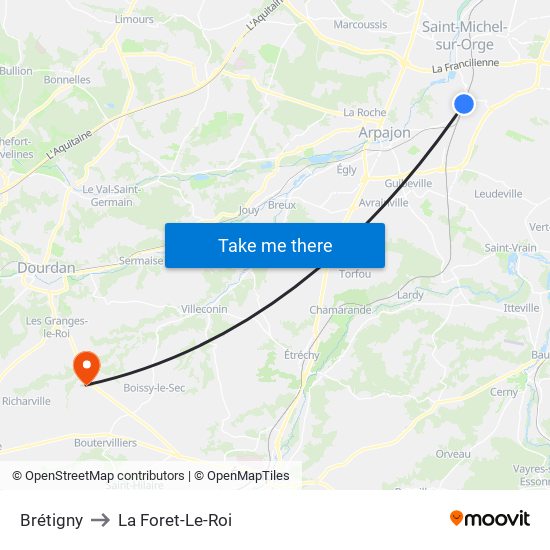 Brétigny to La Foret-Le-Roi map