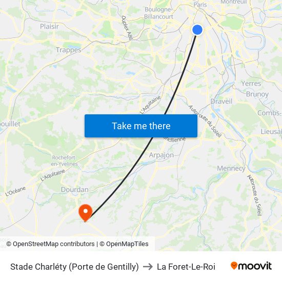 Stade Charléty (Porte de Gentilly) to La Foret-Le-Roi map