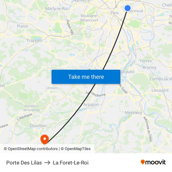 Porte Des Lilas to La Foret-Le-Roi map
