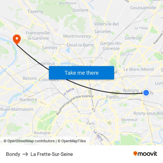 Bondy to La Frette-Sur-Seine map
