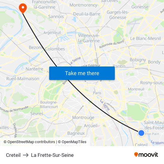 Creteil to La Frette-Sur-Seine map
