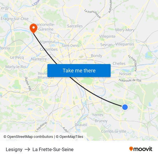 Lesigny to La Frette-Sur-Seine map