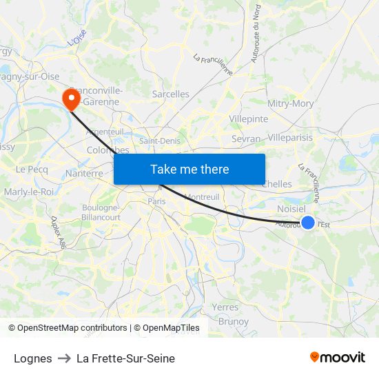 Lognes to La Frette-Sur-Seine map