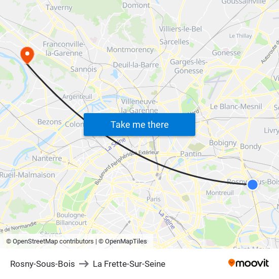 Rosny-Sous-Bois to La Frette-Sur-Seine map