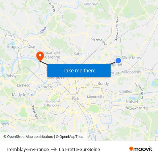 Tremblay-En-France to La Frette-Sur-Seine map