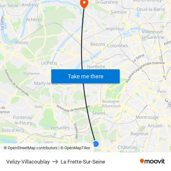 Velizy-Villacoublay to La Frette-Sur-Seine map