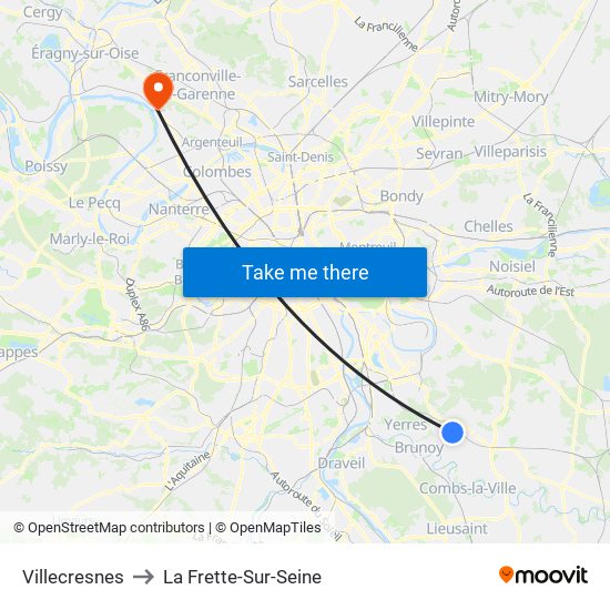 Villecresnes to La Frette-Sur-Seine map