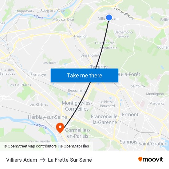 Villiers-Adam to La Frette-Sur-Seine map