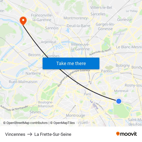 Vincennes to La Frette-Sur-Seine map