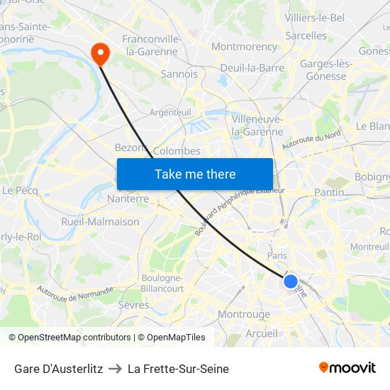 Gare D'Austerlitz to La Frette-Sur-Seine map
