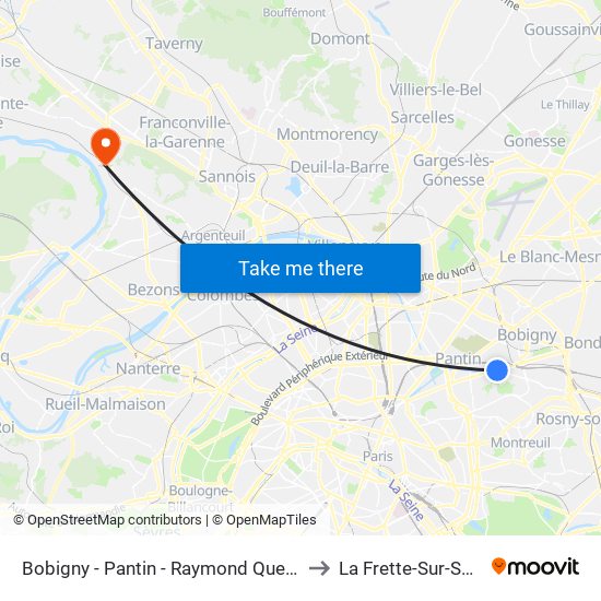 Bobigny - Pantin - Raymond Queneau to La Frette-Sur-Seine map
