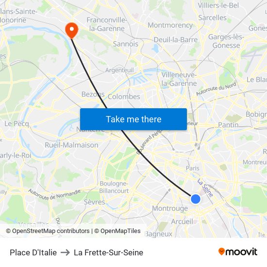 Place D'Italie to La Frette-Sur-Seine map