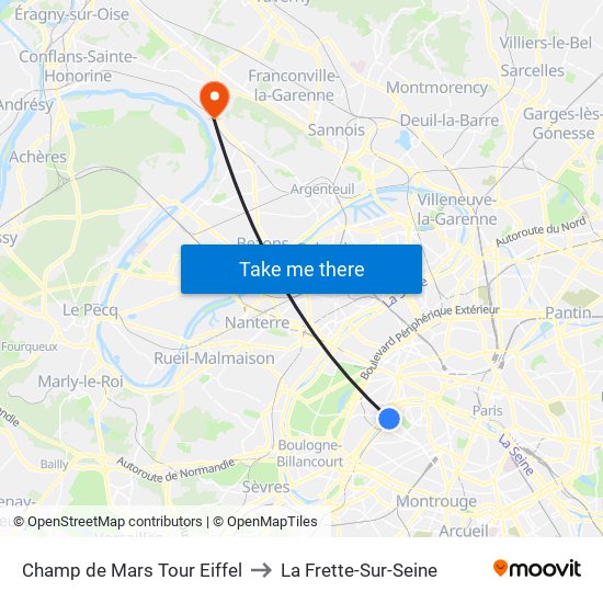 Champ de Mars Tour Eiffel to La Frette-Sur-Seine map