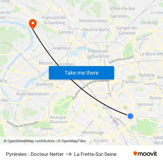 Pyrénées - Docteur Netter to La Frette-Sur-Seine map