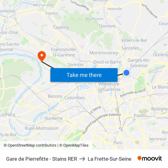 Gare de Pierrefitte - Stains RER to La Frette-Sur-Seine map