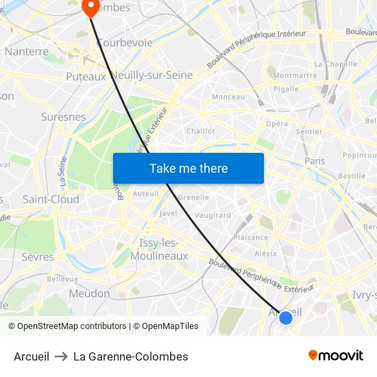 Arcueil to La Garenne-Colombes map