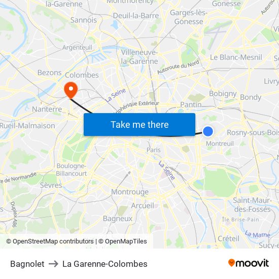 Bagnolet to La Garenne-Colombes map