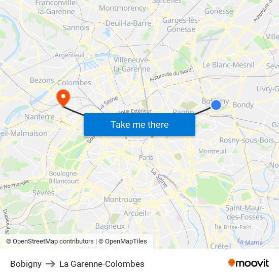 Bobigny to La Garenne-Colombes map