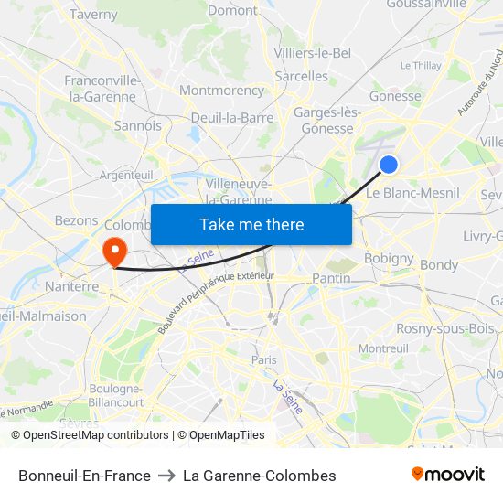 Bonneuil-En-France to La Garenne-Colombes map