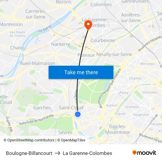 Boulogne-Billancourt to La Garenne-Colombes map