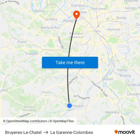 Bruyeres-Le-Chatel to La Garenne-Colombes map