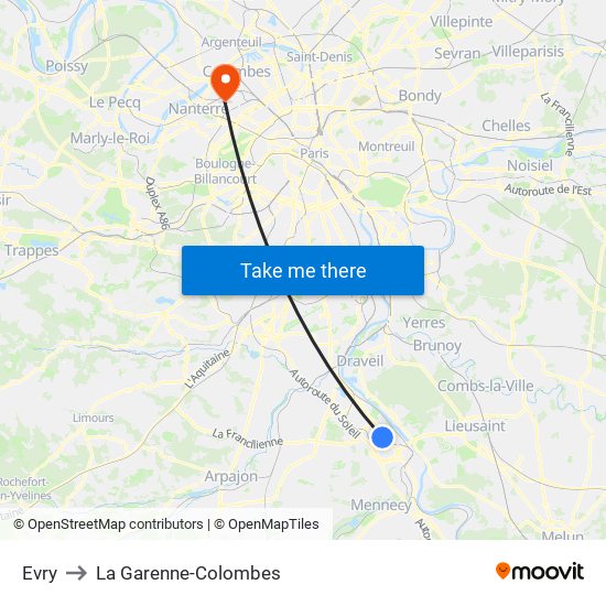 Evry to La Garenne-Colombes map