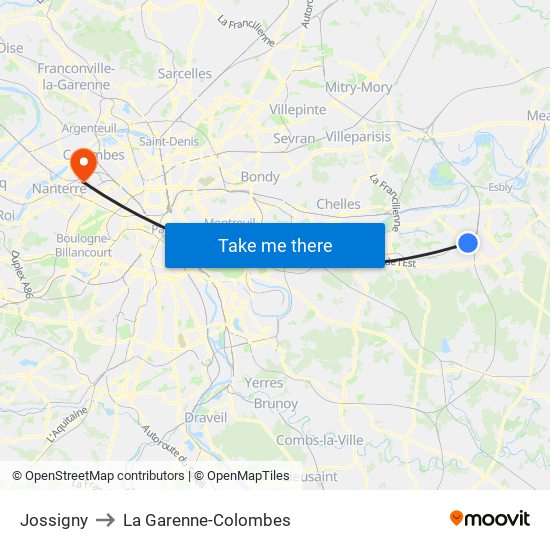 Jossigny to La Garenne-Colombes map