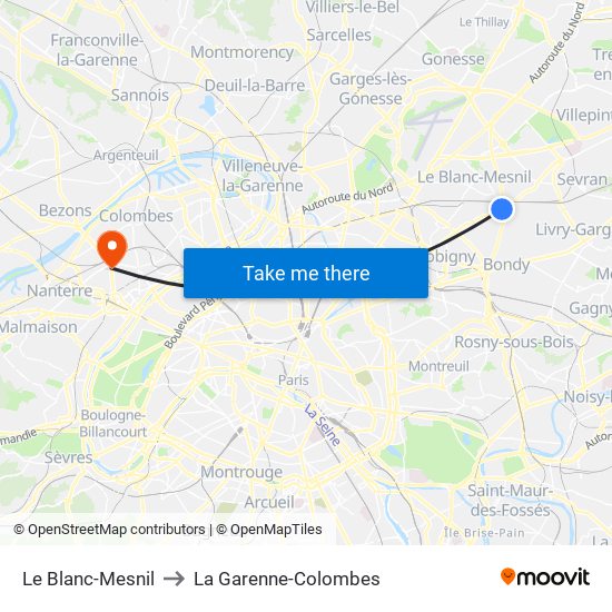 Le Blanc-Mesnil to La Garenne-Colombes map