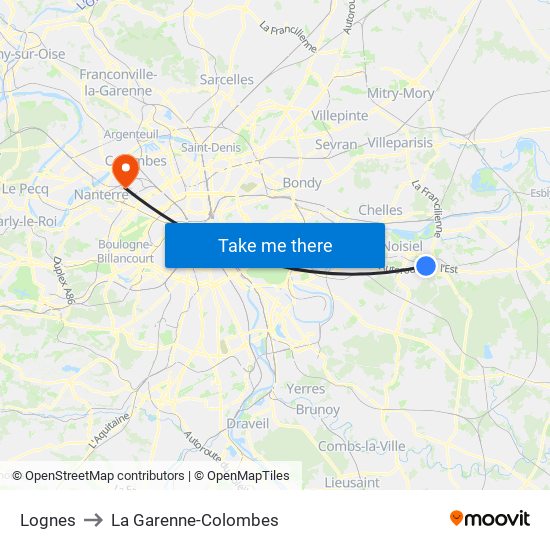 Lognes to La Garenne-Colombes map