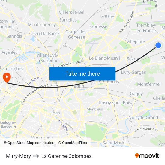 Mitry-Mory to La Garenne-Colombes map