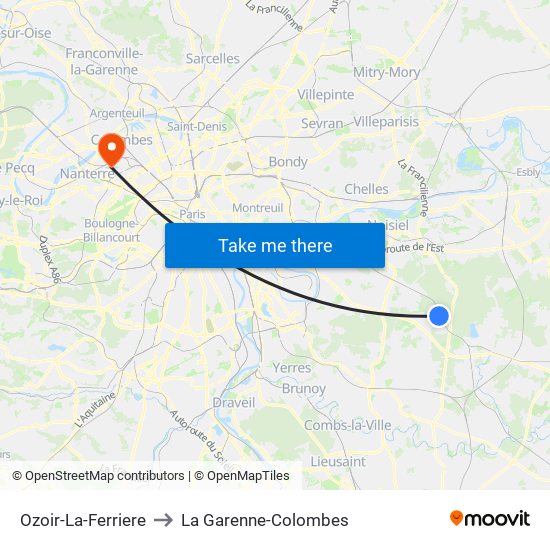 Ozoir-La-Ferriere to La Garenne-Colombes map