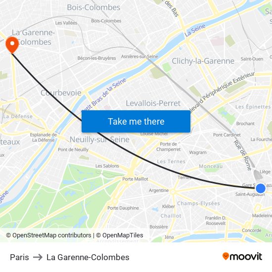Paris to La Garenne-Colombes map