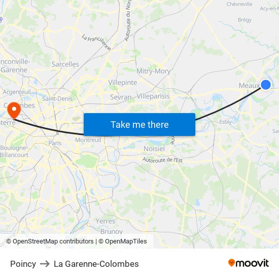 Poincy to La Garenne-Colombes map