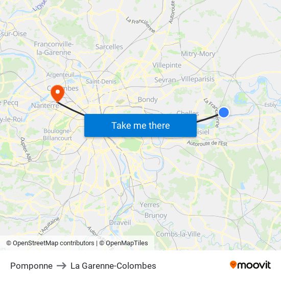 Pomponne to La Garenne-Colombes map